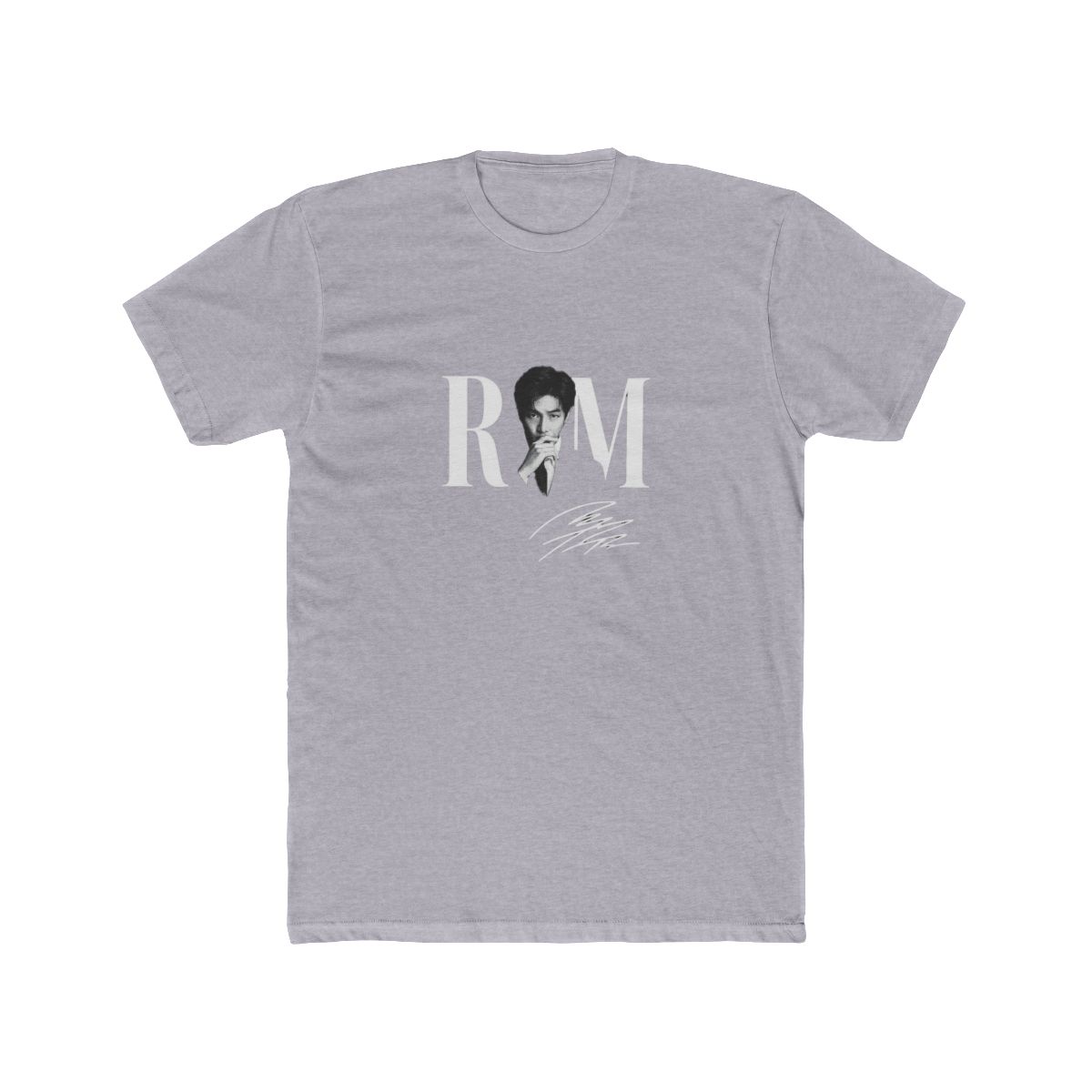 Dark grey t-shirt with a black and white image of a person and the white letters "RM". The shirt also has a white signature. The words "COMFORT COLORS" are in a pink box. - alternate angle 4, merchandise