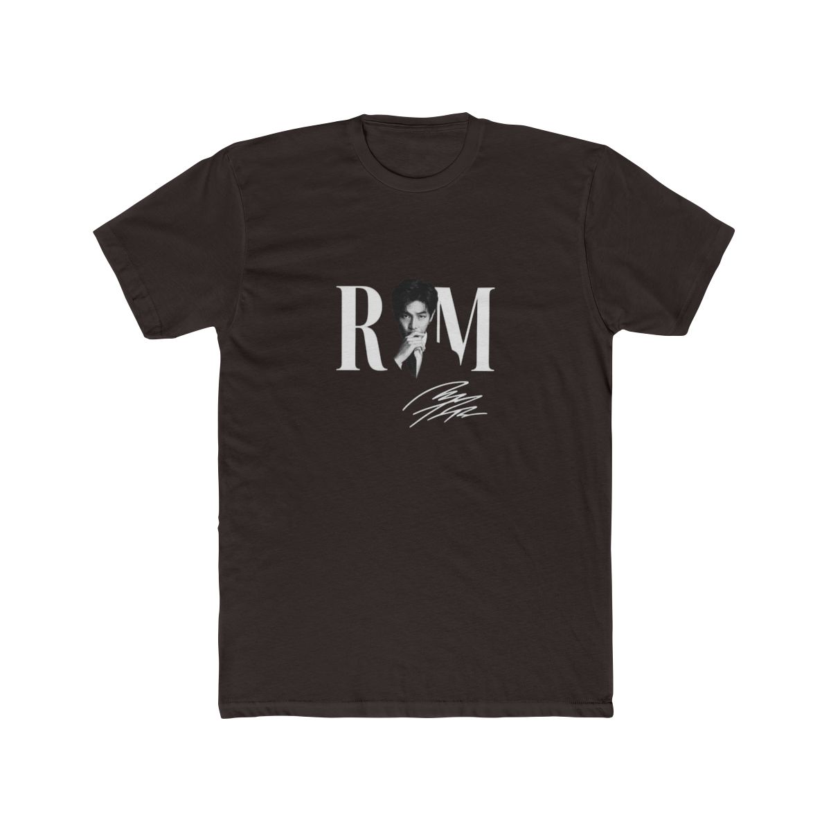 Dark grey t-shirt with a black and white image of a person and the white letters "RM". The shirt also has a white signature. The words "COMFORT COLORS" are in a pink box. - alternate angle 2, merchandise