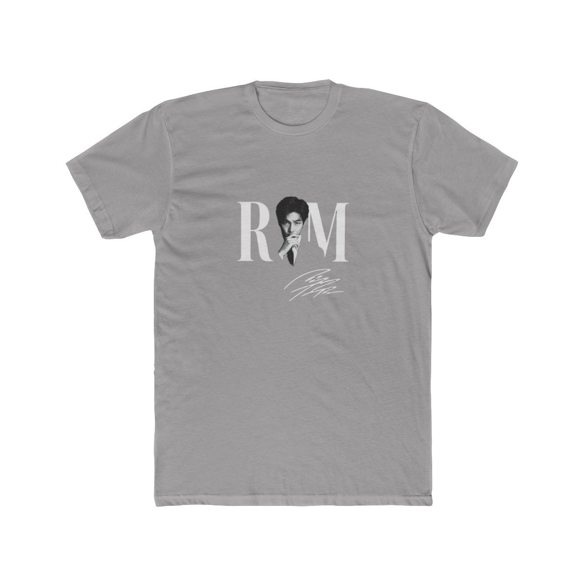 Dark grey t-shirt with a black and white image of a person and the white letters "RM". The shirt also has a white signature. The words "COMFORT COLORS" are in a pink box. - Official T-Shirts merchandise