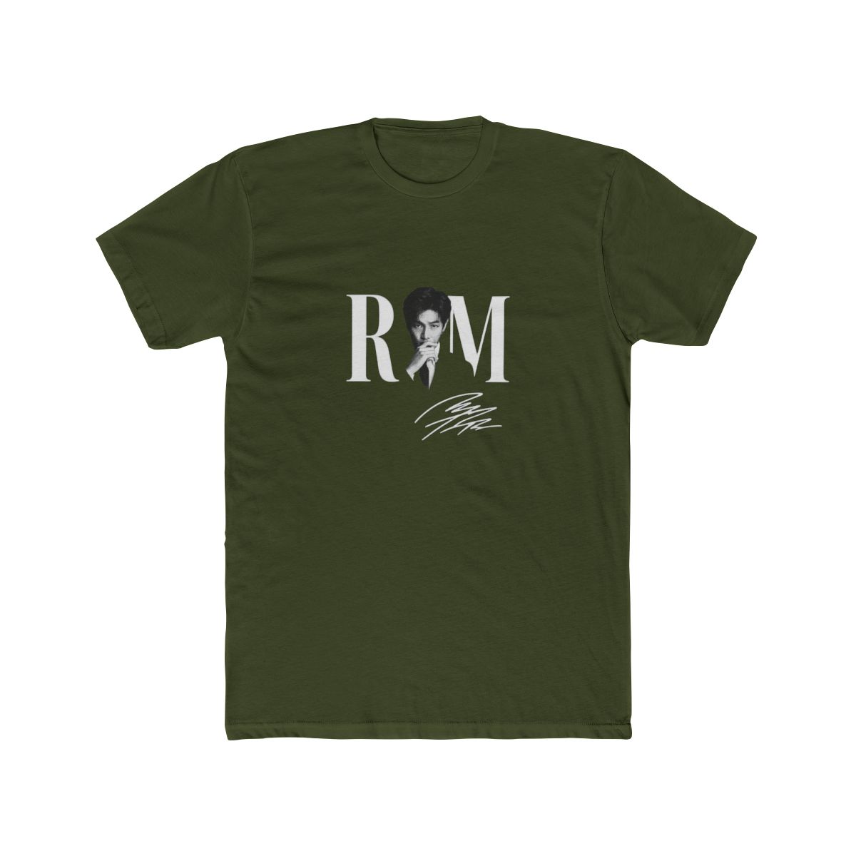Dark grey t-shirt with a black and white image of a person and the white letters "RM". The shirt also has a white signature. The words "COMFORT COLORS" are in a pink box. - alternate angle 5, merchandise
