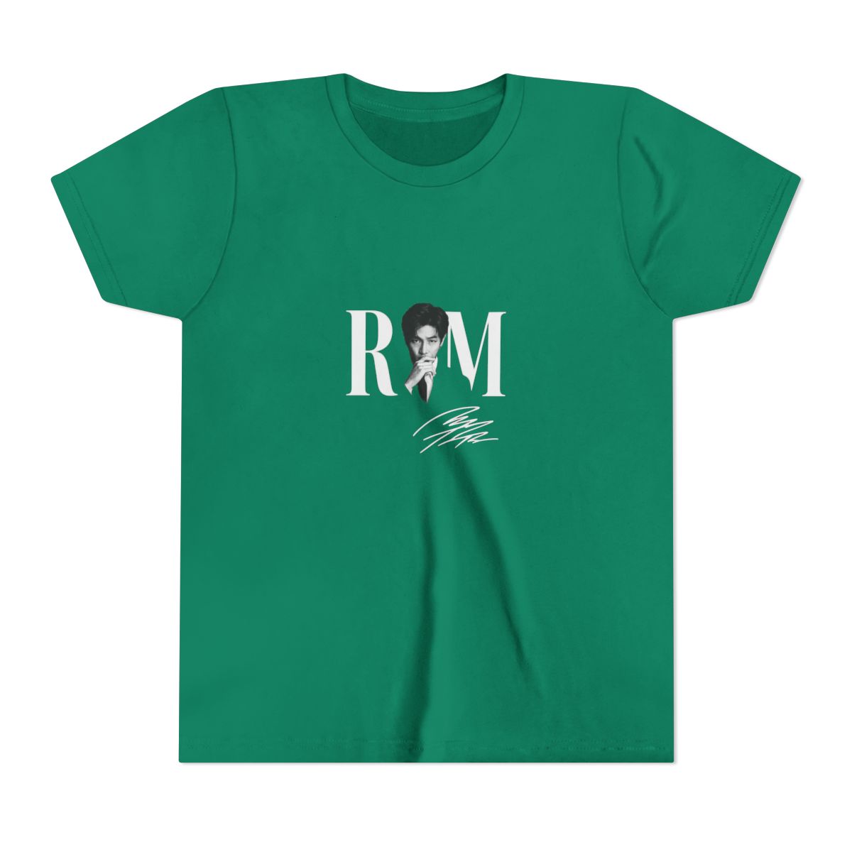 Dark grey t-shirt with a black and white image of a person and the white letters "RM". The shirt also has a white signature. The words "COMFORT COLORS" are in a pink box. (Kids) - alternate angle 2, merchandise