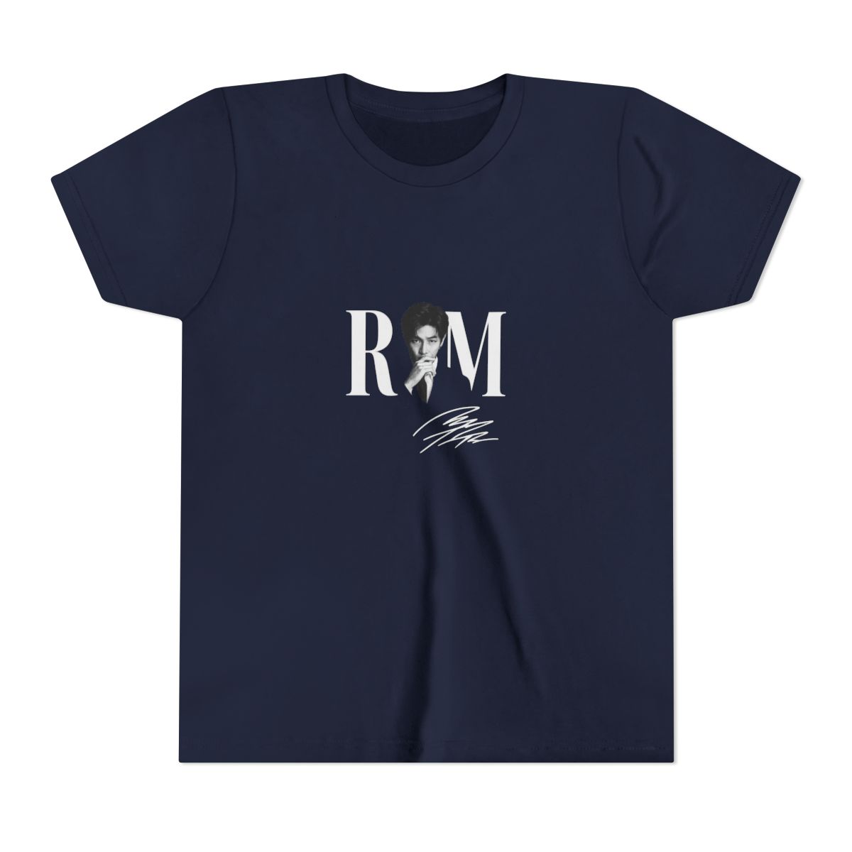 Dark grey t-shirt with a black and white image of a person and the white letters "RM". The shirt also has a white signature. The words "COMFORT COLORS" are in a pink box. (Kids) - alternate angle 3, merchandise