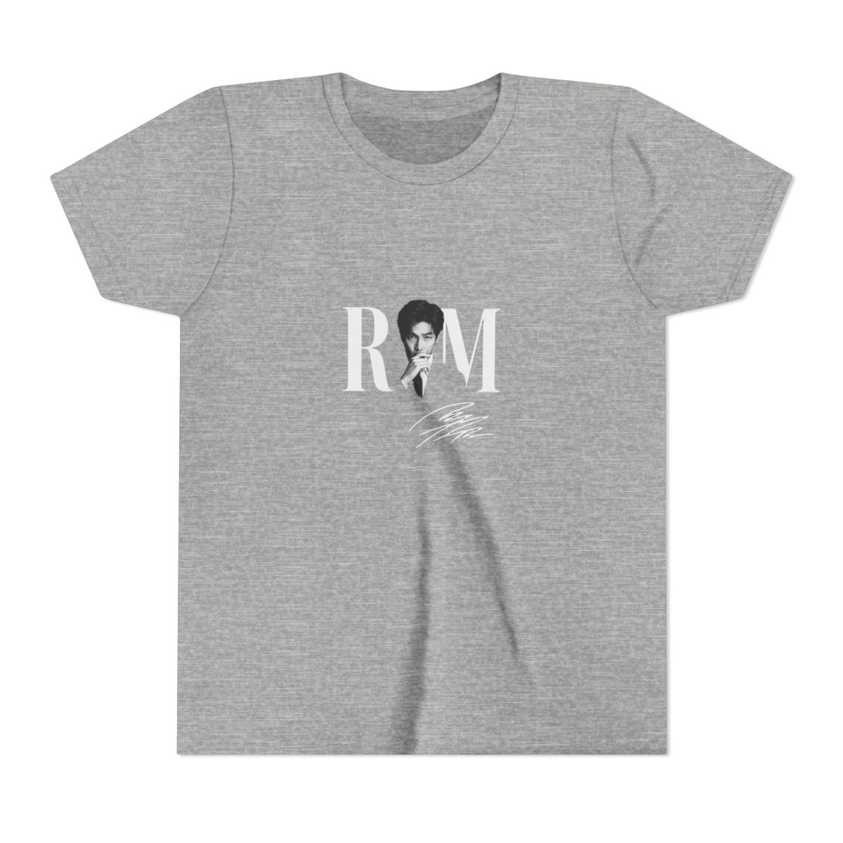 Dark grey t-shirt with a black and white image of a person and the white letters "RM". The shirt also has a white signature. The words "COMFORT COLORS" are in a pink box. (Kids) - alternate angle 3, merchandise