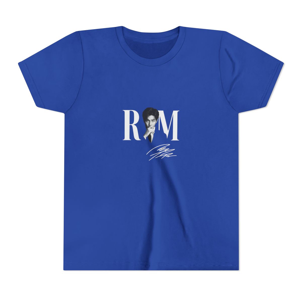 Dark grey t-shirt with a black and white image of a person and the white letters "RM". The shirt also has a white signature. The words "COMFORT COLORS" are in a pink box. (Kids) - alternate angle 4, merchandise