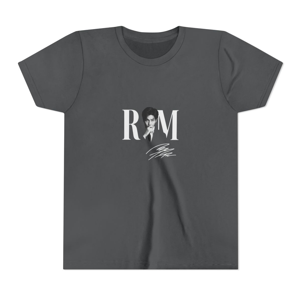Dark grey t-shirt with a black and white image of a person and the white letters "RM". The shirt also has a white signature. The words "COMFORT COLORS" are in a pink box. (Kids) - alternate angle 5, merchandise